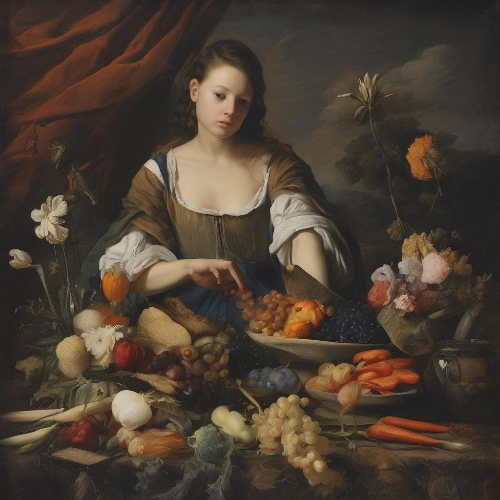 Λήψη τροφίμων και φρούτων σε κλασικό ζωγραφικό έργο, αναδεικνύοντας την τέχνη της διακόσμησης και της αναπαράστασης.
