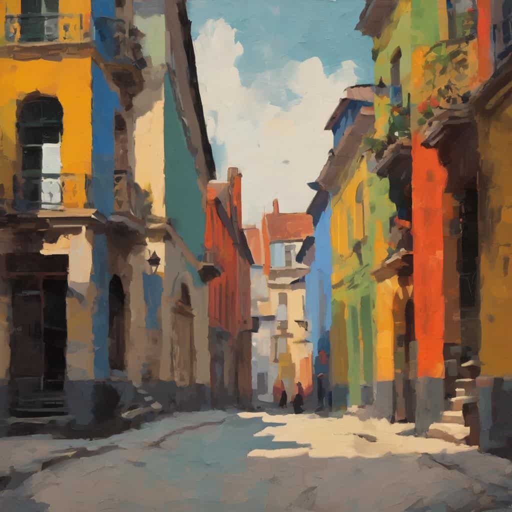 Ζωγραφισμένη εικόνα με πολύχρωμα κτήρια και ουρανό, αποτυπώνοντας την τέχνη του σήμερα και μοντέρνα εικαστικά έργα.