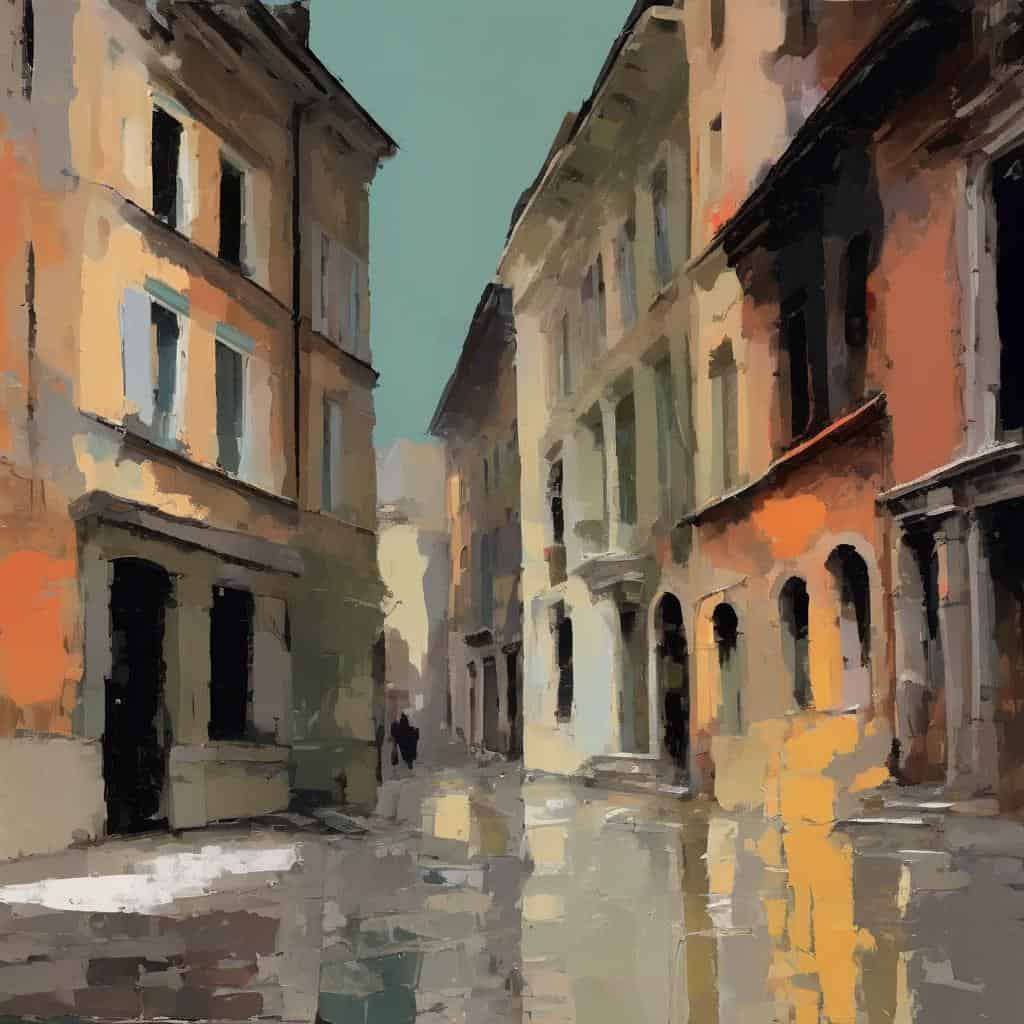 Παραδοσιακή πόλη, καλλιτεχνική απεικόνιση, μοντέρνα τέχνη, ρεαλιστική εικόνα, αστική αρχιτεκτονική, έργα τέχνης σύγχρονης τέχνης, ζωγραφική δρόμου, αστικές σκηνές, επηρεασμός της τέχνης, τέχνη της πόλης.