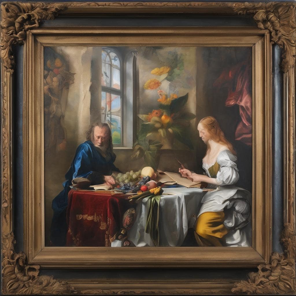 Παραδοσιακό έργο ζωγραφικής με αναπαράσταση καλλιτεχνικών έργων και ανθρώπινες φιγούρες σε μια κλασική εσωτερική σκηνή.