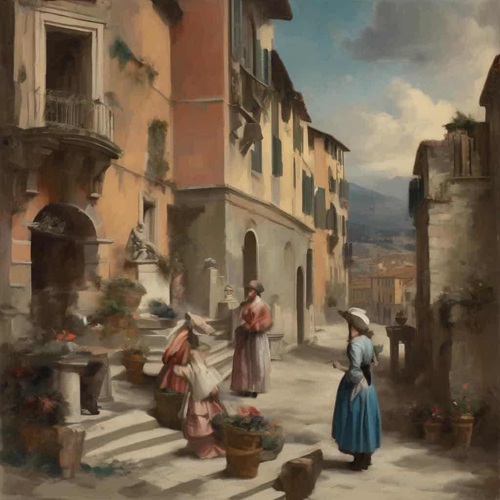 Παράσταση δεκαεννιάου αιώνα ιταλική πόλη, ενήλικες γυναίκες σε καθημερινή ζωή, ιστορική τέχνη του σήμερα, έργα τέχνης με ιστορική έμπνευση.